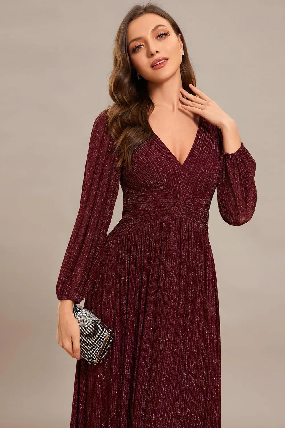 Ever-Pretty Women's V Neck Ruched High Waist Long Sleeves Floor Length Glitter Evening Dresses 01961