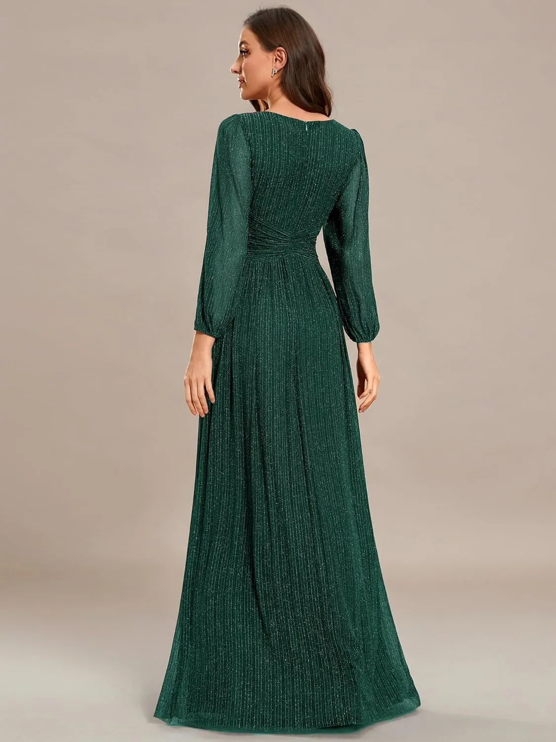 Ever-Pretty Women's V Neck Ruched High Waist Long Sleeves Floor Length Glitter Evening Dresses 01961