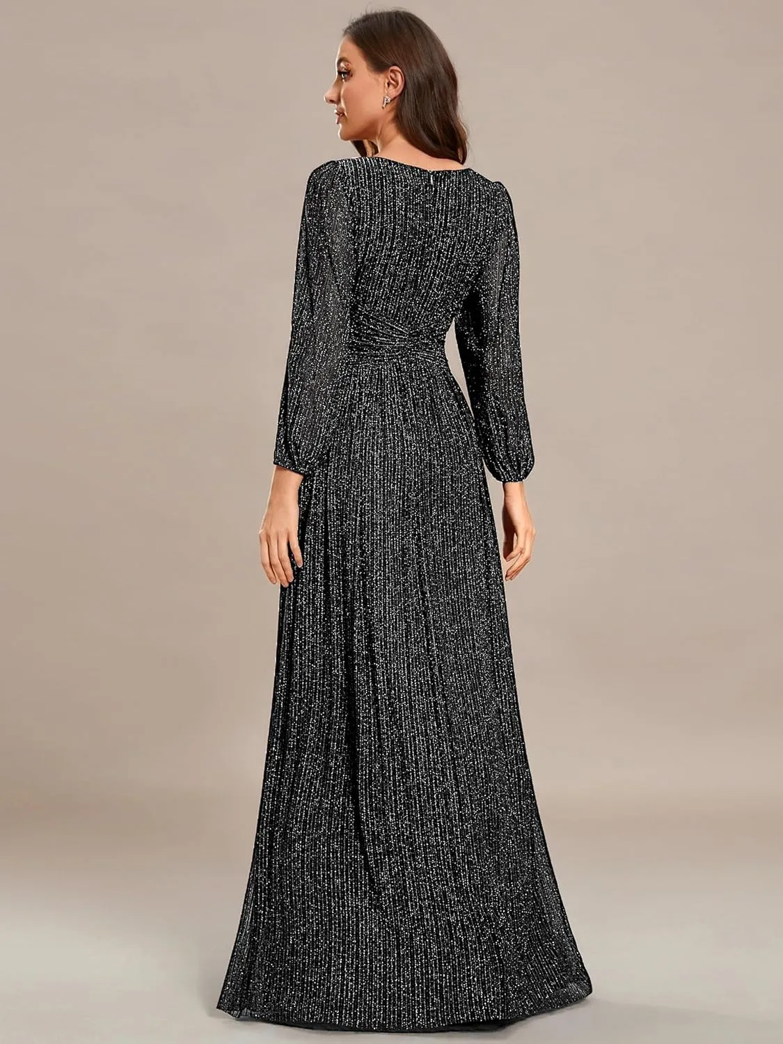Ever-Pretty Women's V Neck Ruched High Waist Long Sleeves Floor Length Glitter Evening Dresses 01961
