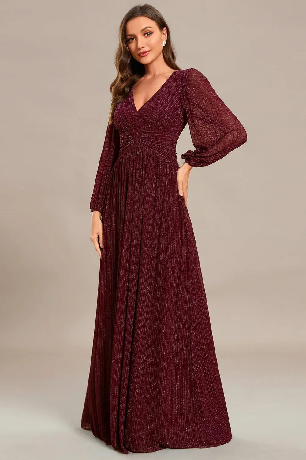 Ever-Pretty Women's V Neck Ruched High Waist Long Sleeves Floor Length Glitter Evening Dresses 01961