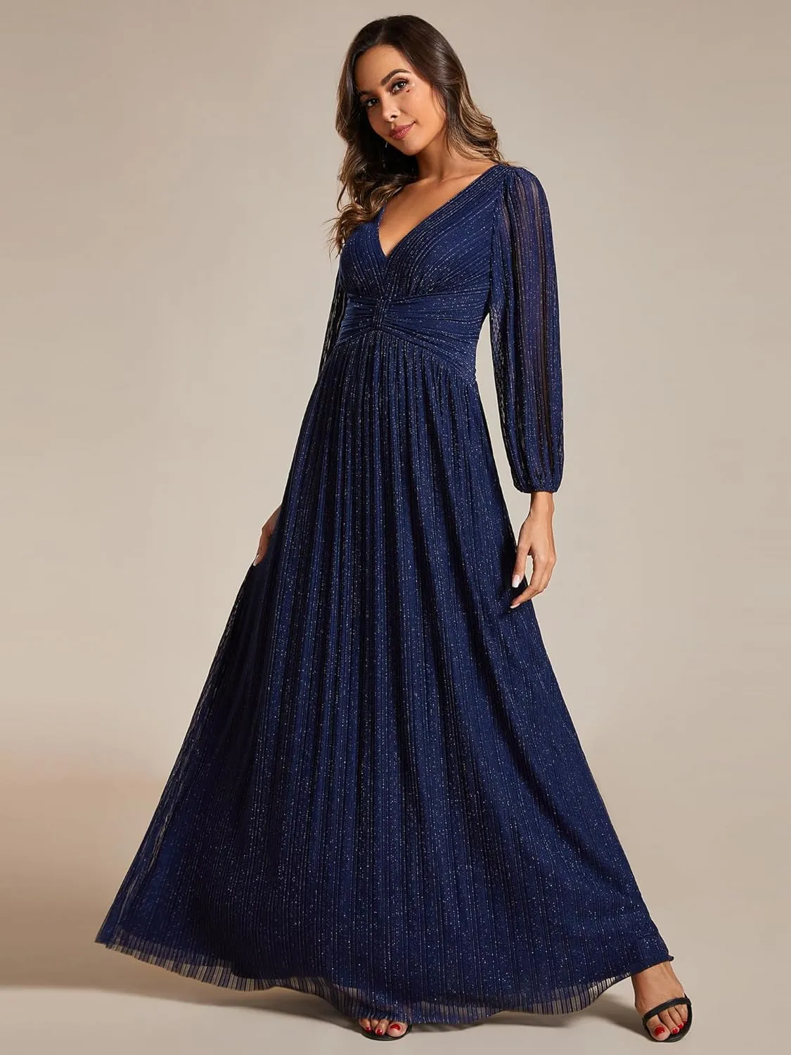 Ever-Pretty Women's V Neck Ruched High Waist Long Sleeves Floor Length Glitter Evening Dresses 01961