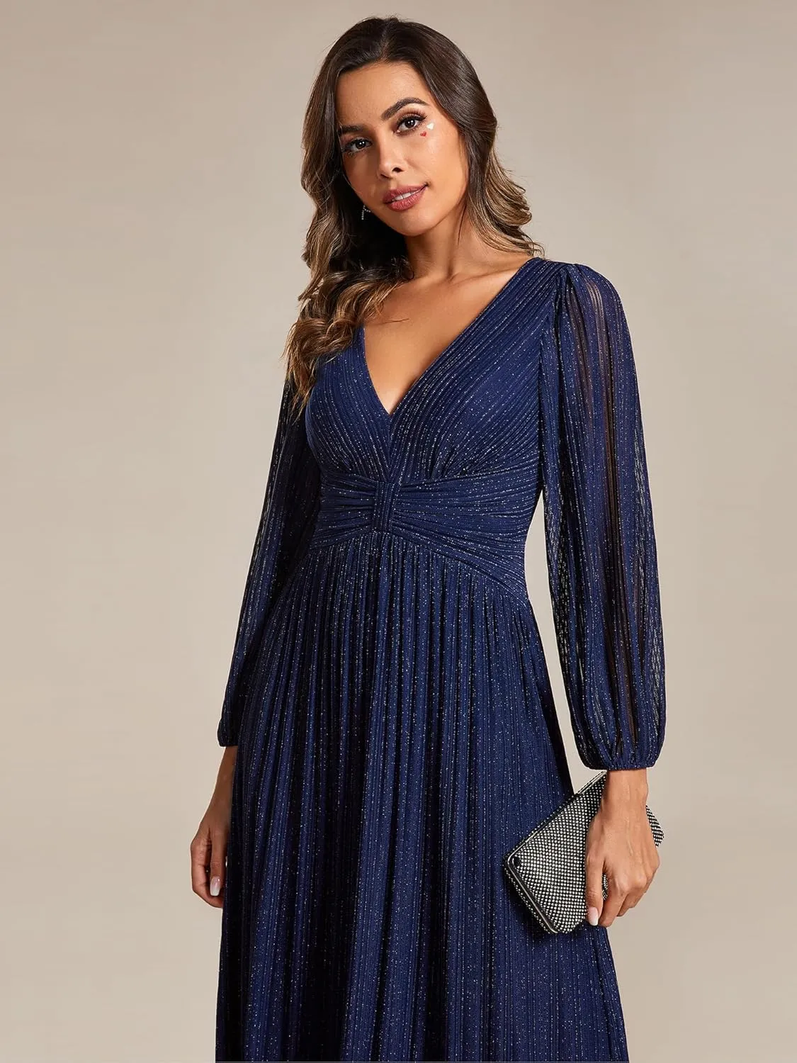 Ever-Pretty Women's V Neck Ruched High Waist Long Sleeves Floor Length Glitter Evening Dresses 01961