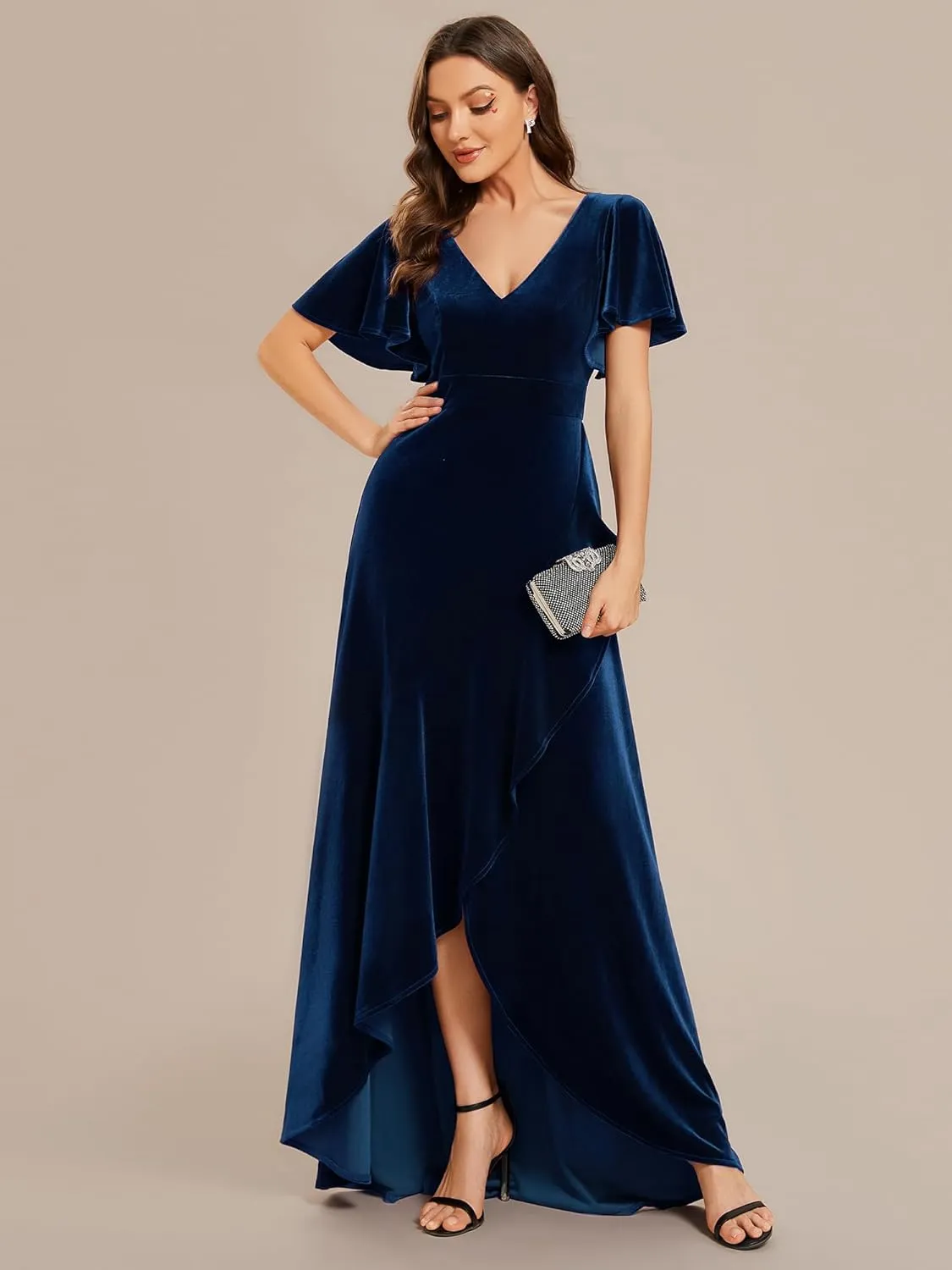 Ever-Pretty Women's Velvet Ruffle Sleeve V-Neck Wrap Waist Maxi Dress High Low Wedding Guest Dresses 02041