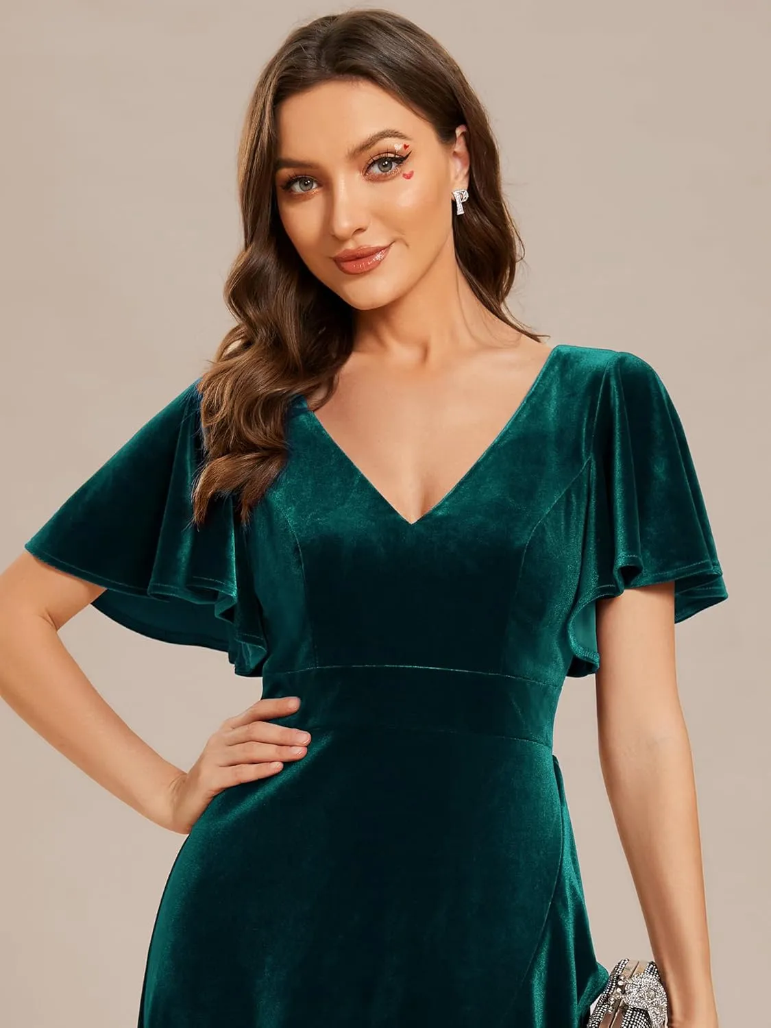 Ever-Pretty Women's Velvet Ruffle Sleeve V-Neck Wrap Waist Maxi Dress High Low Wedding Guest Dresses 02041