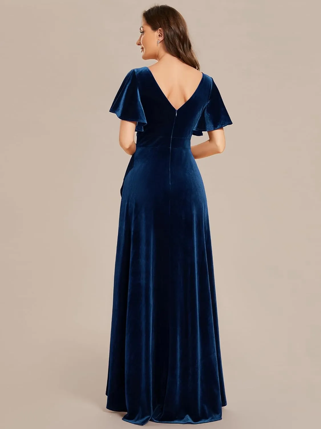 Ever-Pretty Women's Velvet Ruffle Sleeve V-Neck Wrap Waist Maxi Dress High Low Wedding Guest Dresses 02041