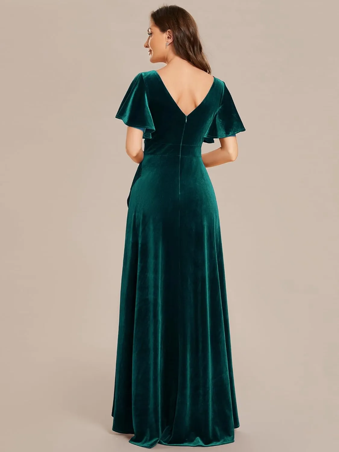 Ever-Pretty Women's Velvet Ruffle Sleeve V-Neck Wrap Waist Maxi Dress High Low Wedding Guest Dresses 02041