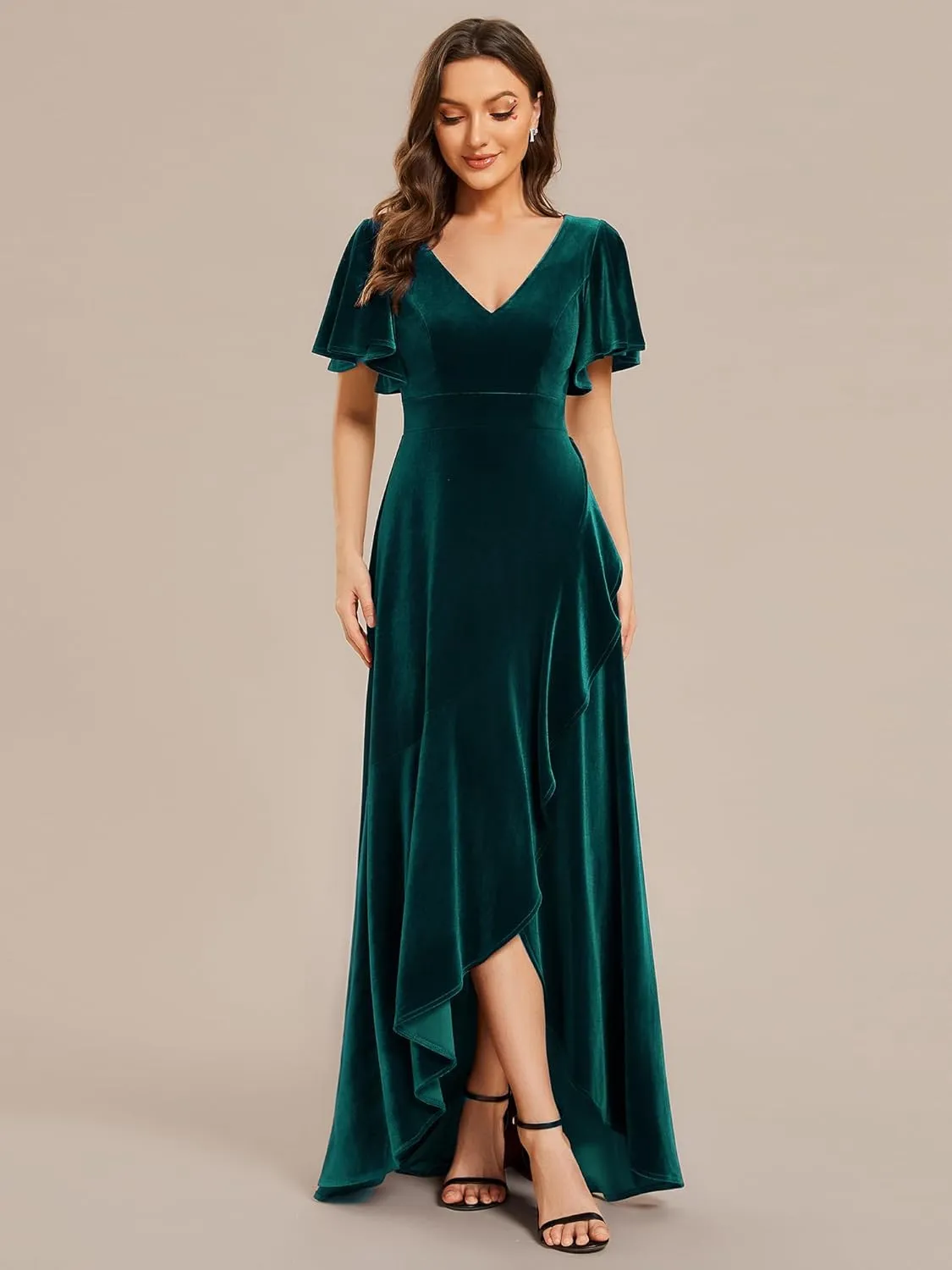 Ever-Pretty Women's Velvet Ruffle Sleeve V-Neck Wrap Waist Maxi Dress High Low Wedding Guest Dresses 02041