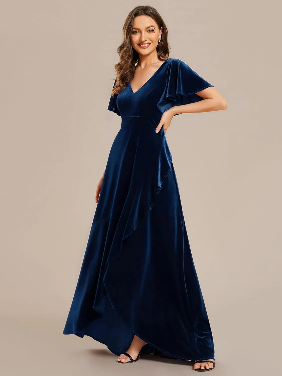 Ever-Pretty Women's Velvet Ruffle Sleeve V-Neck Wrap Waist Maxi Dress High Low Wedding Guest Dresses 02041
