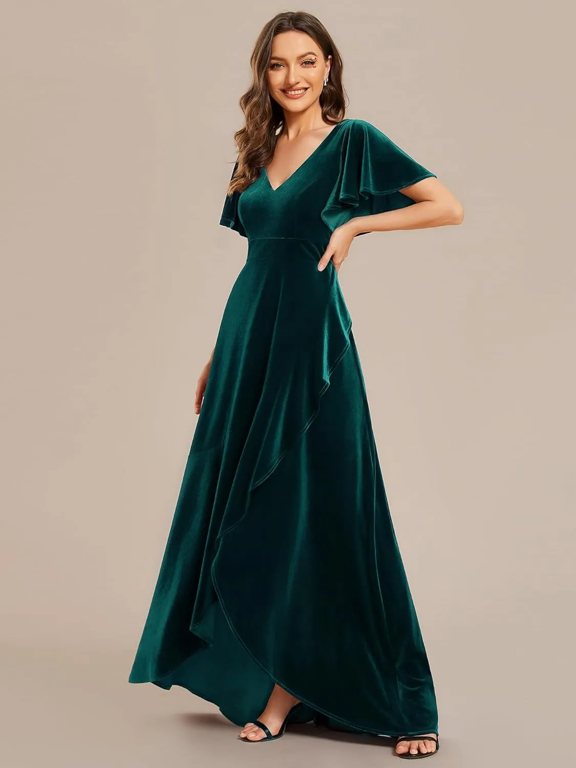 Ever-Pretty Women's Velvet Ruffle Sleeve V-Neck Wrap Waist Maxi Dress High Low Wedding Guest Dresses 02041