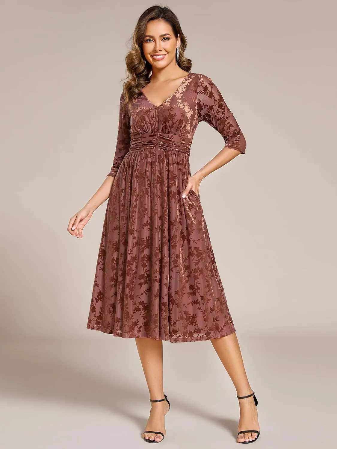 Ever-Pretty Women's Velvet V-Neck Elastic Waist A Line Long Sleeves Floral Print Formal Dresses with Pocket 02284