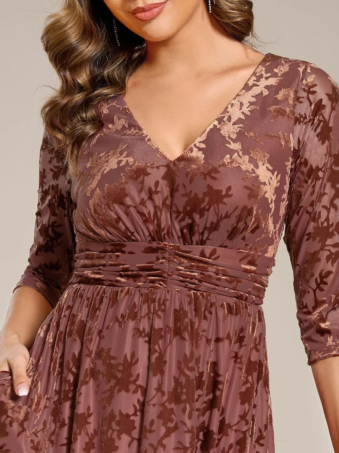 Ever-Pretty Women's Velvet V-Neck Elastic Waist A Line Long Sleeves Floral Print Formal Dresses with Pocket 02284
