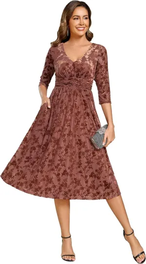 Ever-Pretty Women's Velvet V-Neck Elastic Waist A Line Long Sleeves Floral Print Formal Dresses with Pocket 02284