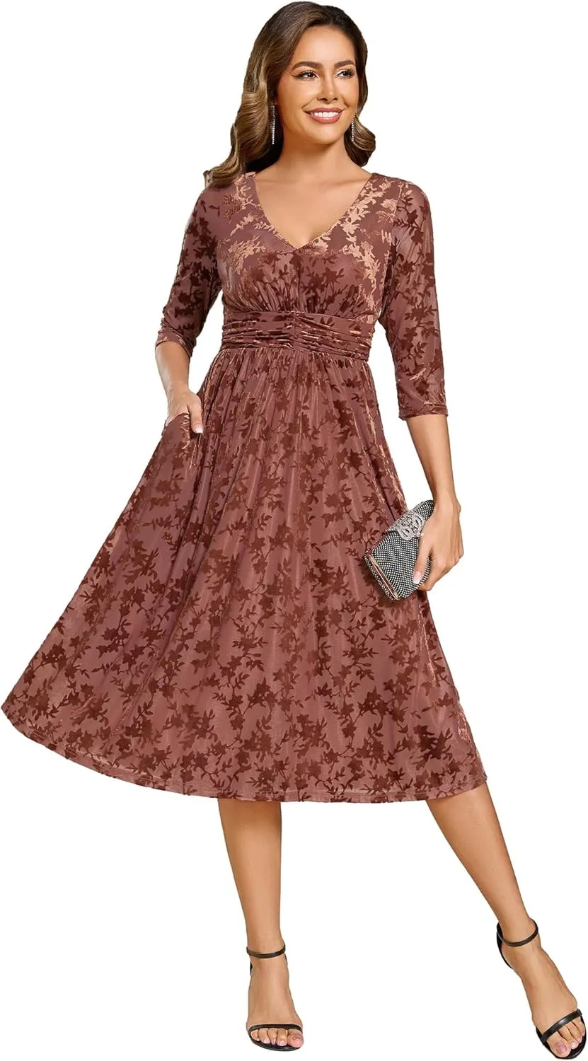 Ever-Pretty Women's Velvet V-Neck Elastic Waist A Line Long Sleeves Floral Print Formal Dresses with Pocket 02284