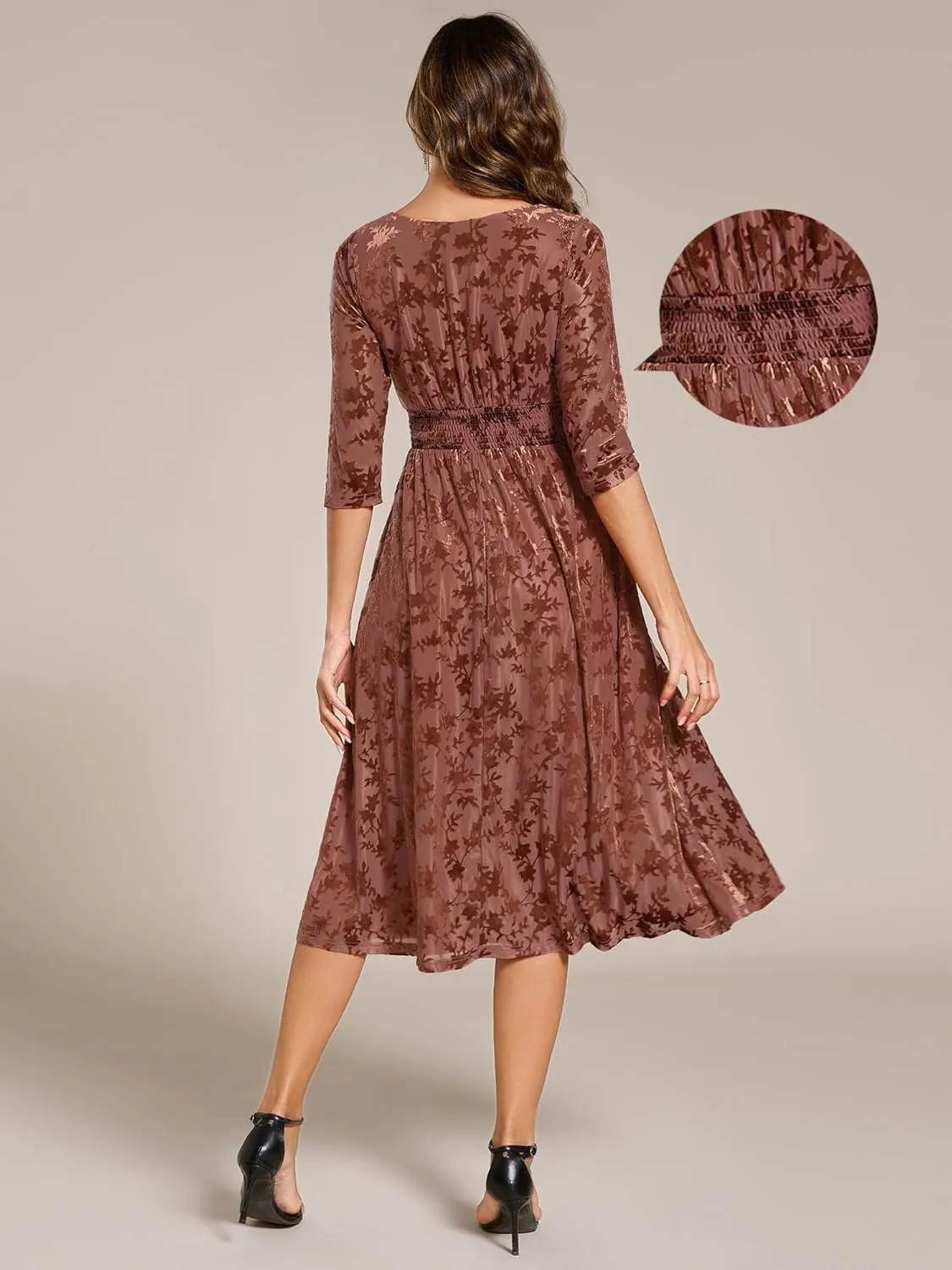 Ever-Pretty Women's Velvet V-Neck Elastic Waist A Line Long Sleeves Floral Print Formal Dresses with Pocket 02284