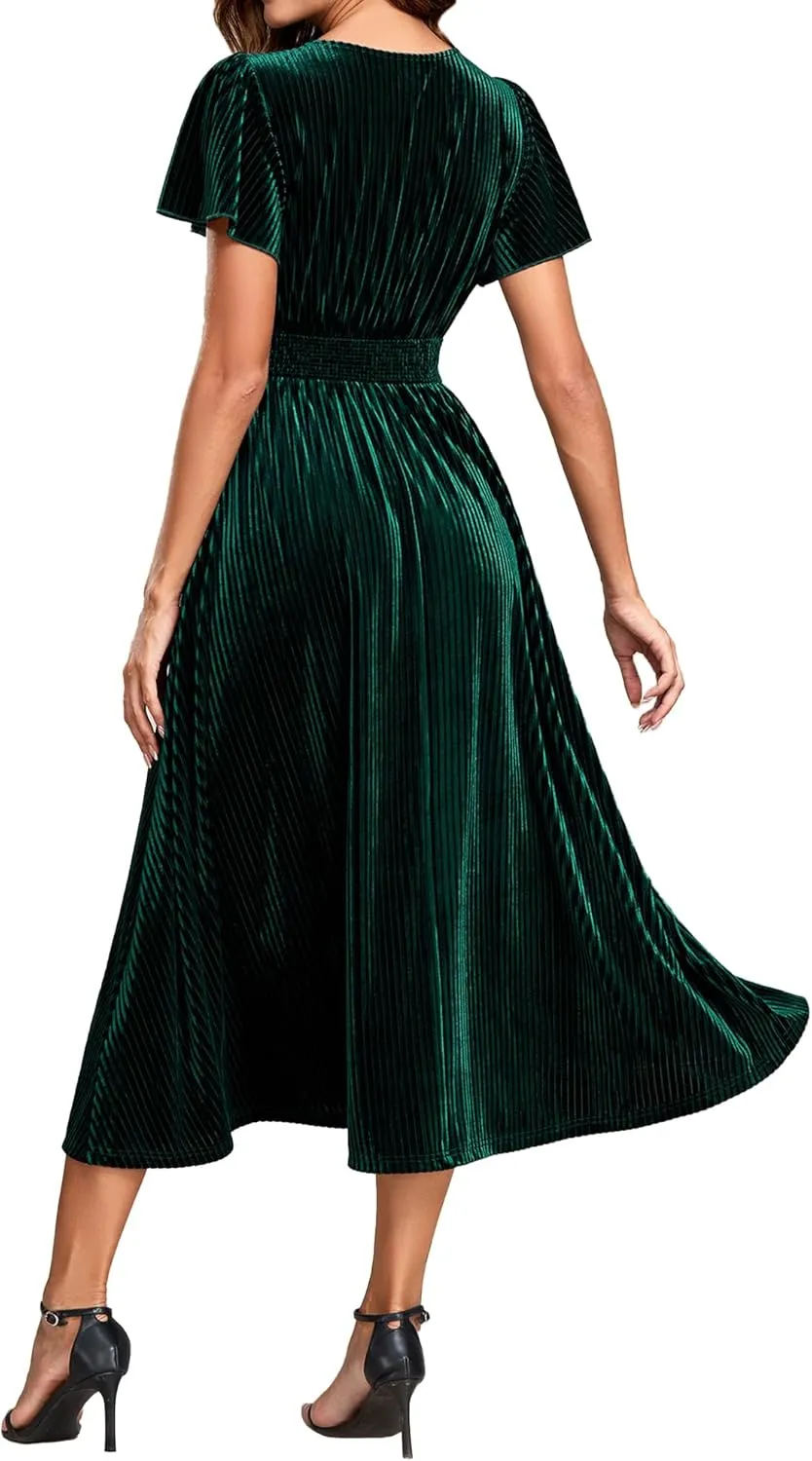 Ever-Pretty Women's Vintage Velvet Wedding Guest Dresses Elastic Waist A Line Short Sleeves Formal Dress