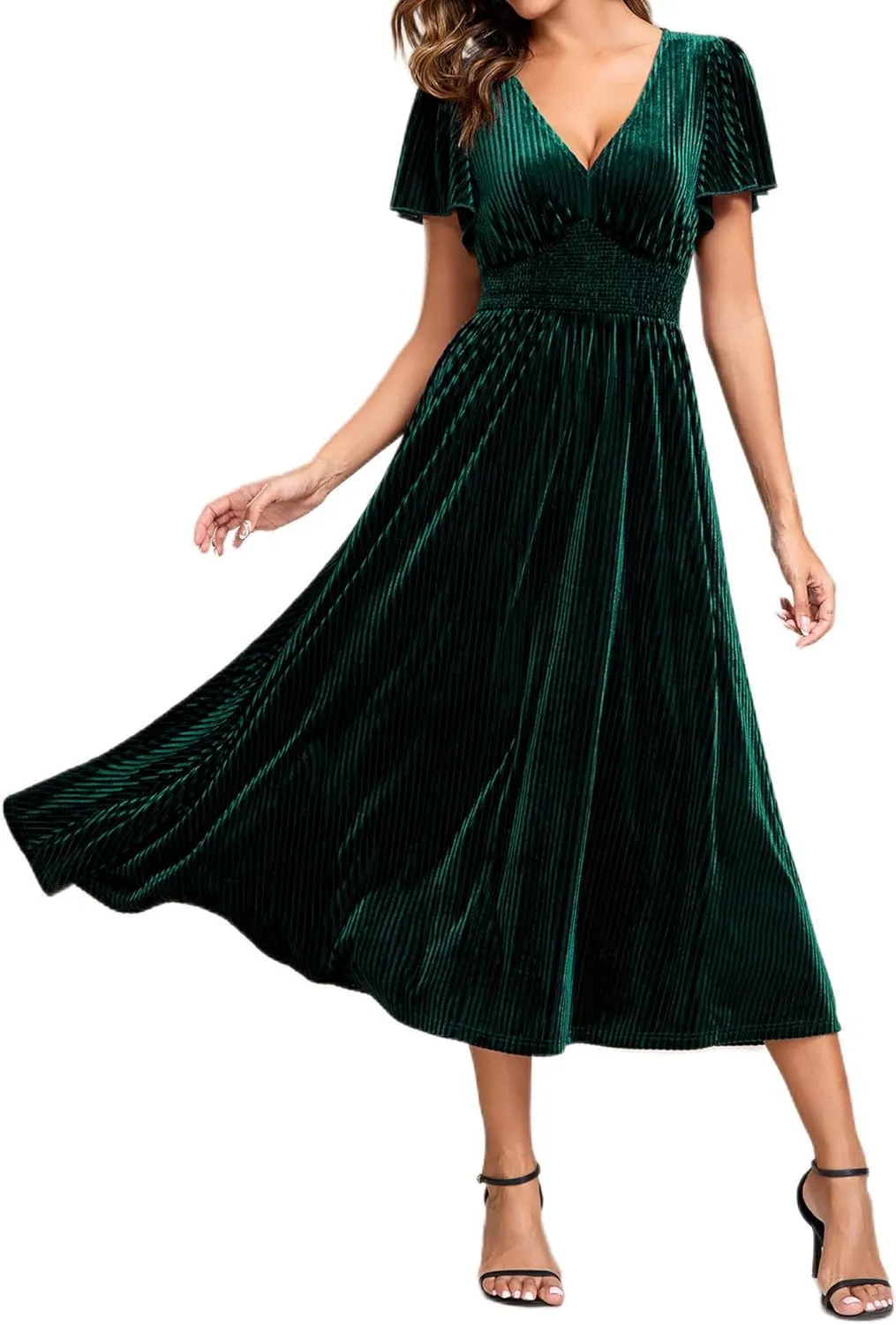Ever-Pretty Women's Vintage Velvet Wedding Guest Dresses Elastic Waist A Line Short Sleeves Formal Dress