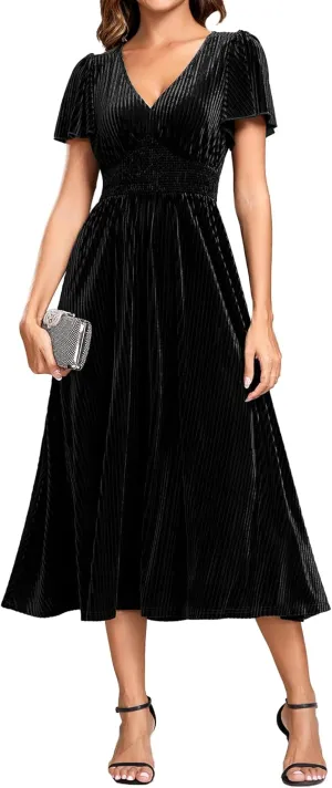 Ever-Pretty Women's Vintage Velvet Wedding Guest Dresses Elastic Waist A Line Short Sleeves Formal Dress