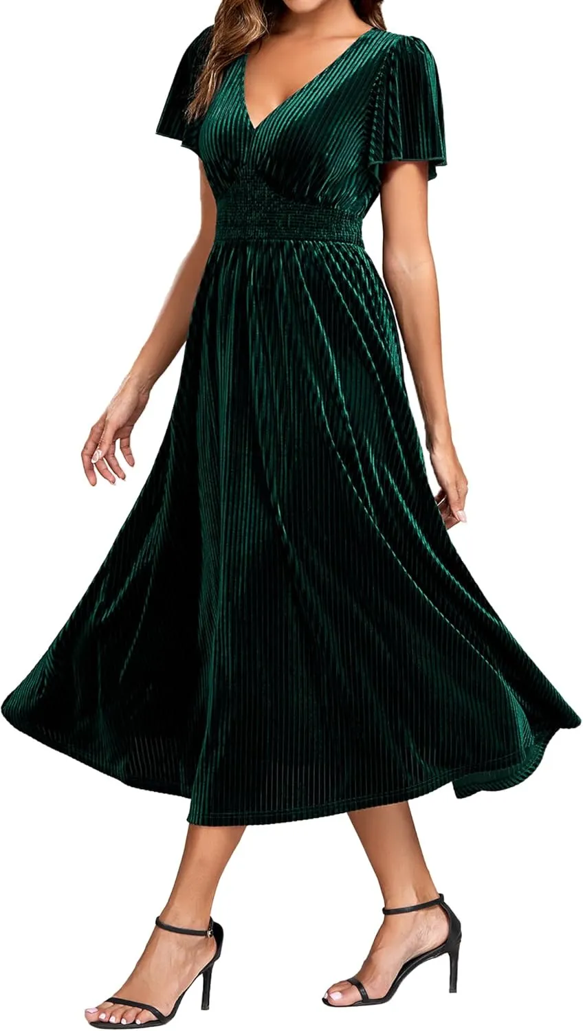 Ever-Pretty Women's Vintage Velvet Wedding Guest Dresses Elastic Waist A Line Short Sleeves Formal Dress