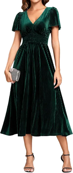Ever-Pretty Women's Vintage Velvet Wedding Guest Dresses Elastic Waist A Line Short Sleeves Formal Dress
