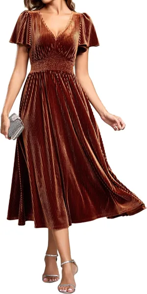 Ever-Pretty Women's Vintage Velvet Wedding Guest Dresses Elastic Waist A Line Short Sleeves Formal Dress