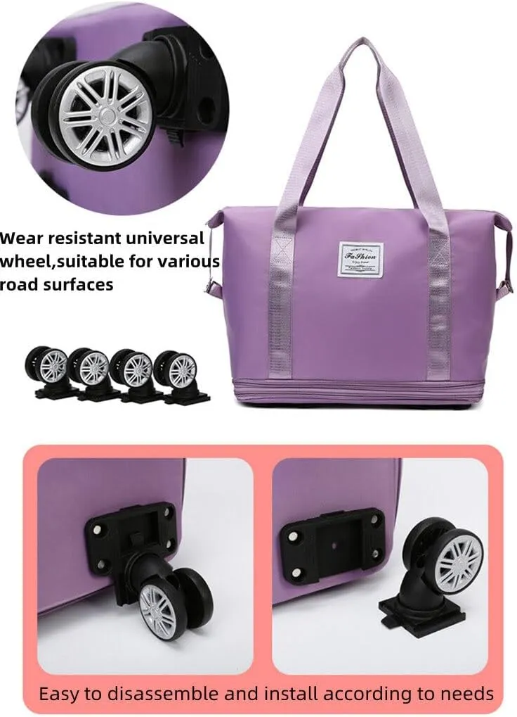 Expandable Carry Luggage Bag with Wheels Foldable Rolling Duffle Bag Large Capacity Dry Wet Separation Travel Bag Lightweight Suitcases for Men Women(Black)