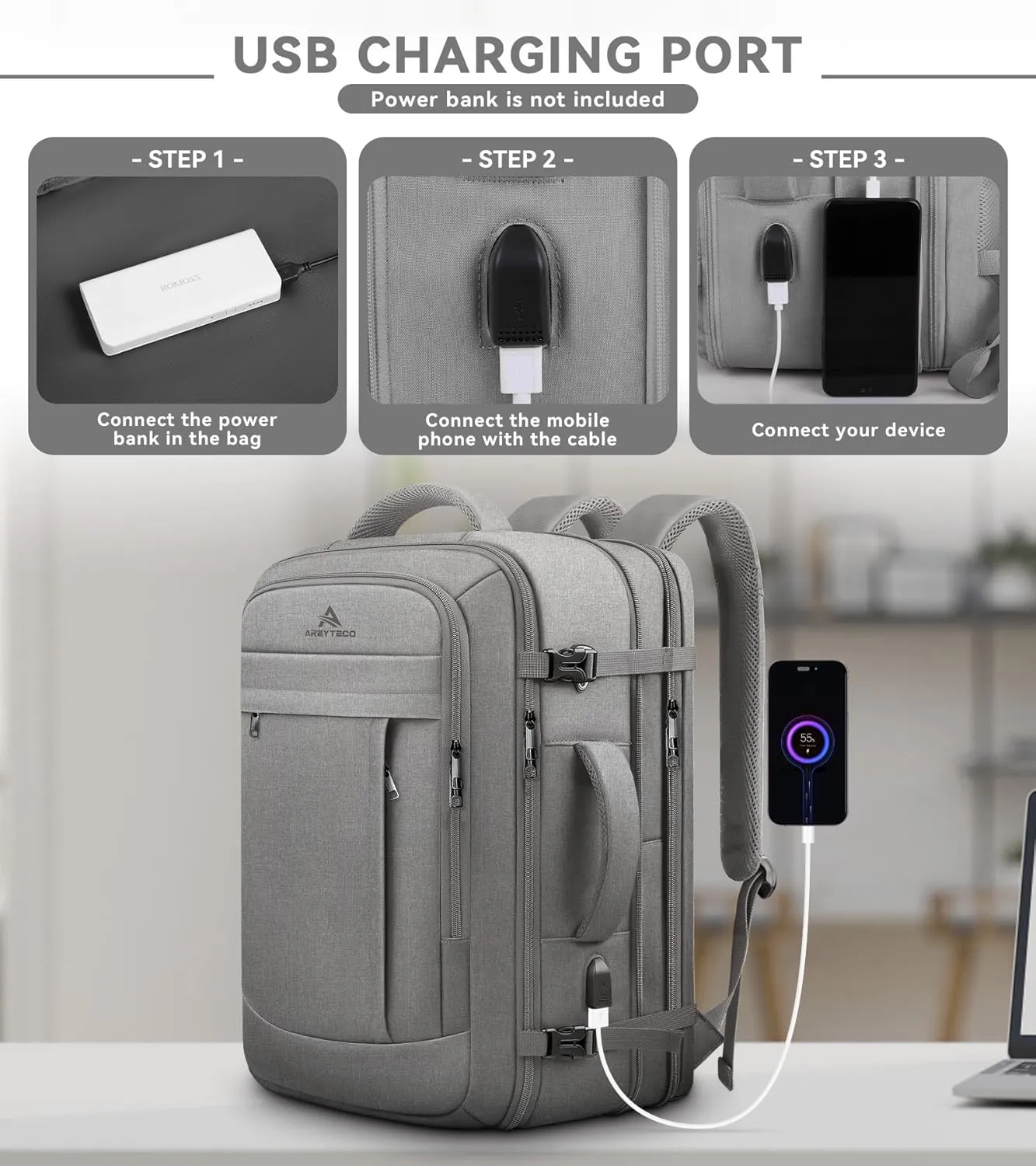Expandable Carry On Backpack With Packing Cubes, 50L Extra Travel Laptop Backpack for Men Women, Big Business Travel Luggage Daypack Business Weekender Essentials Gifts for men Flight Approved,Grey