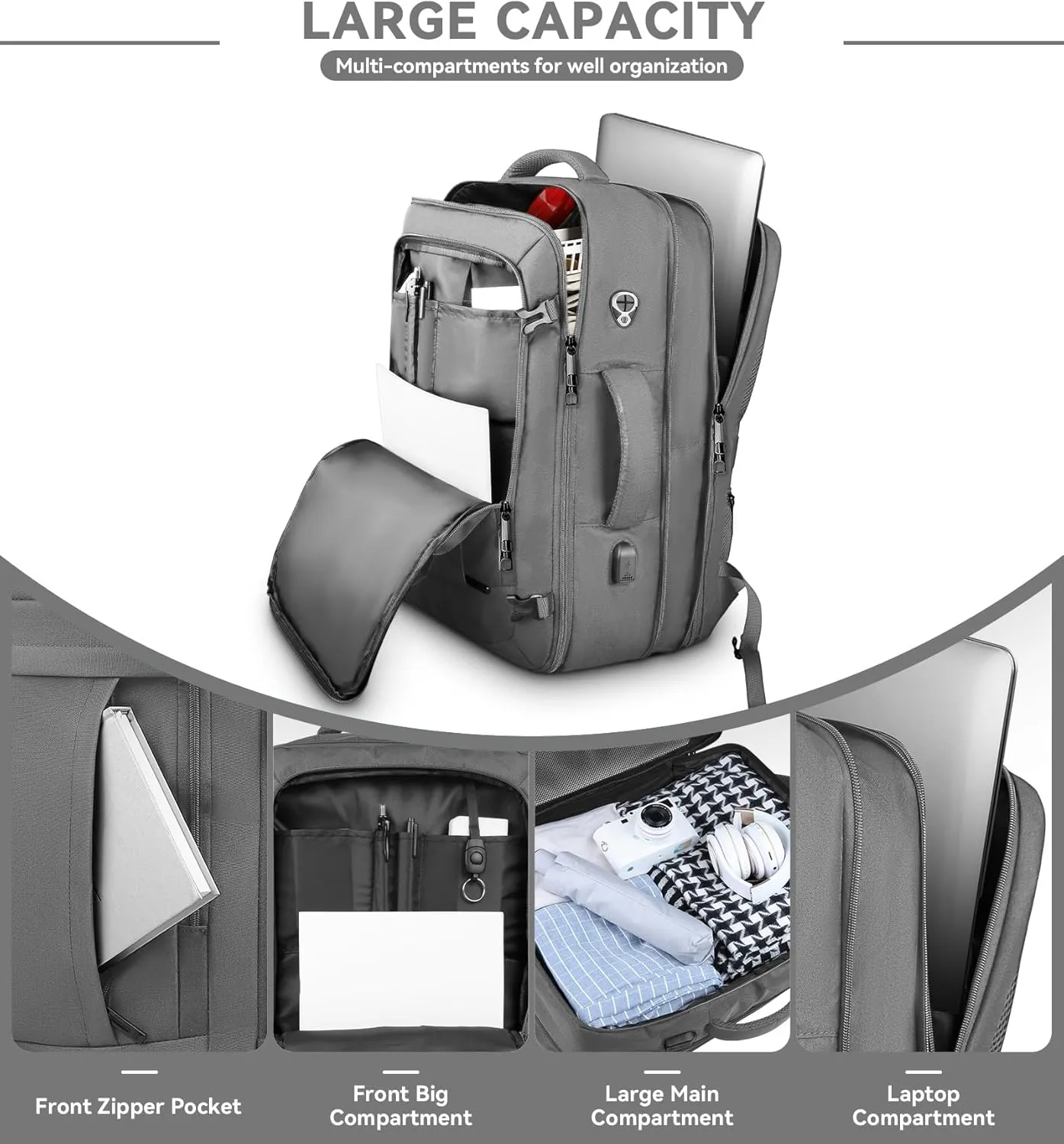 Expandable Carry On Backpack With Packing Cubes, 50L Extra Travel Laptop Backpack for Men Women, Big Business Travel Luggage Daypack Business Weekender Essentials Gifts for men Flight Approved,Grey