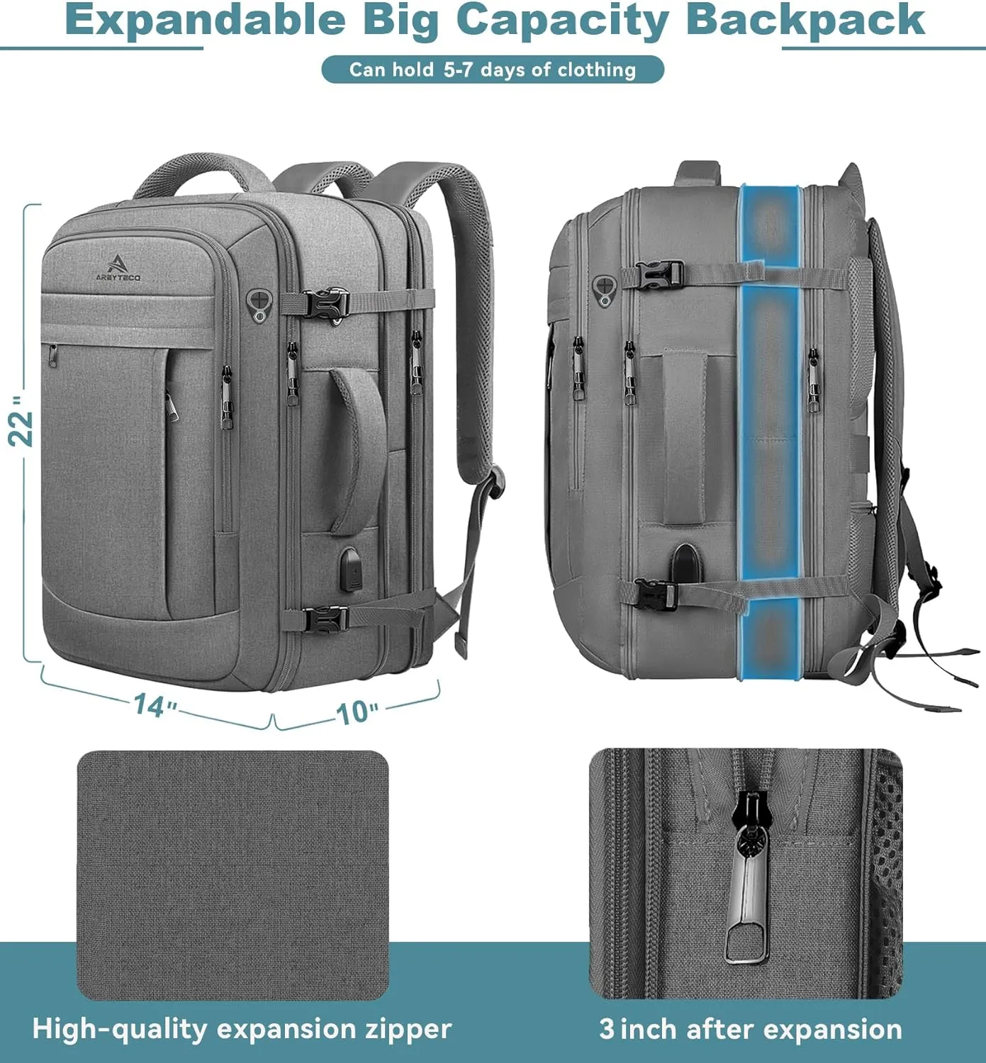 Expandable Carry On Backpack With Packing Cubes, 50L Extra Travel Laptop Backpack for Men Women, Big Business Travel Luggage Daypack Business Weekender Essentials Gifts for men Flight Approved,Grey