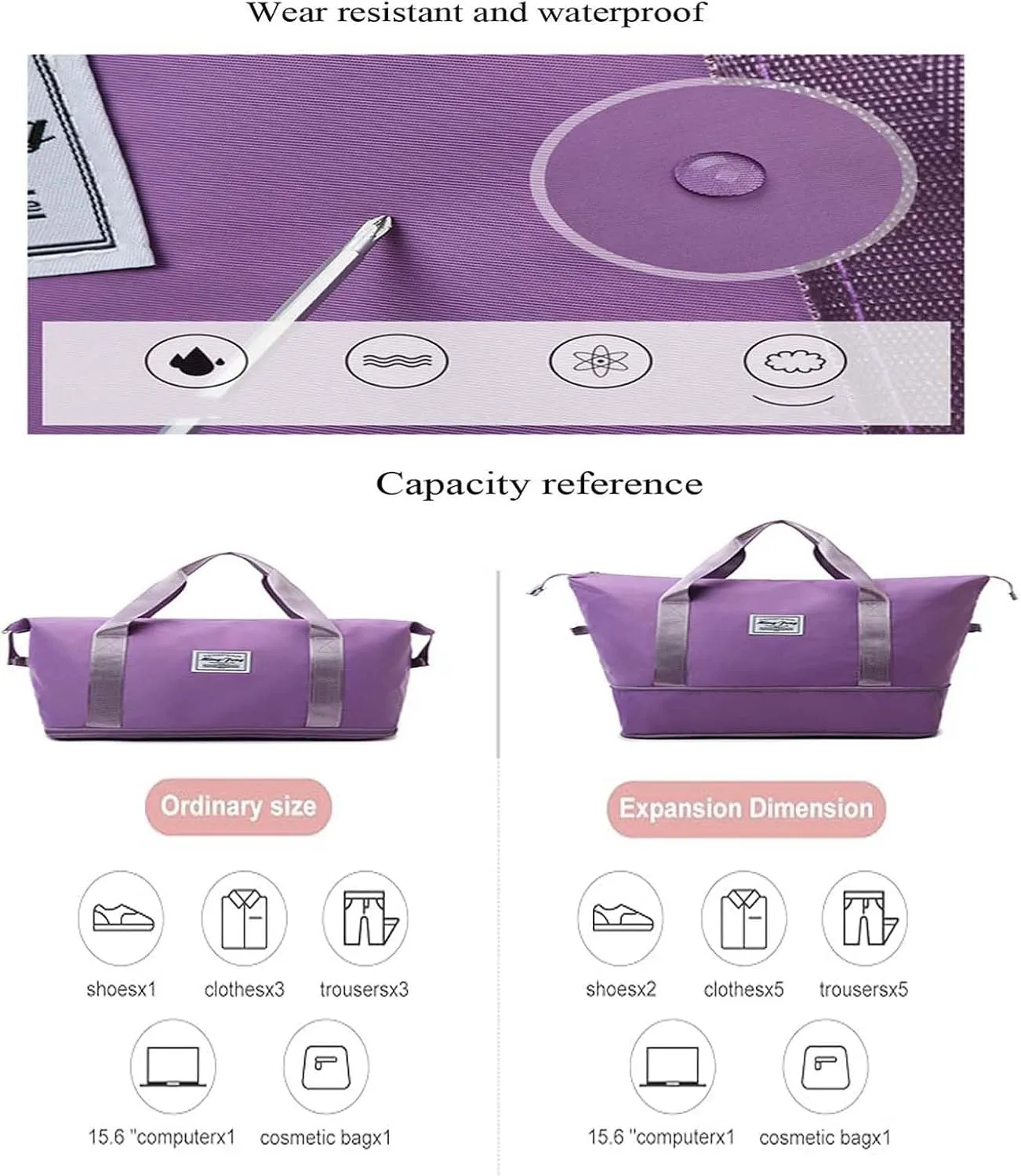 Expandable Travel Duffel Bag Collapsible Waterproof Large Capacity Travel Handbag Sports Gym Bag