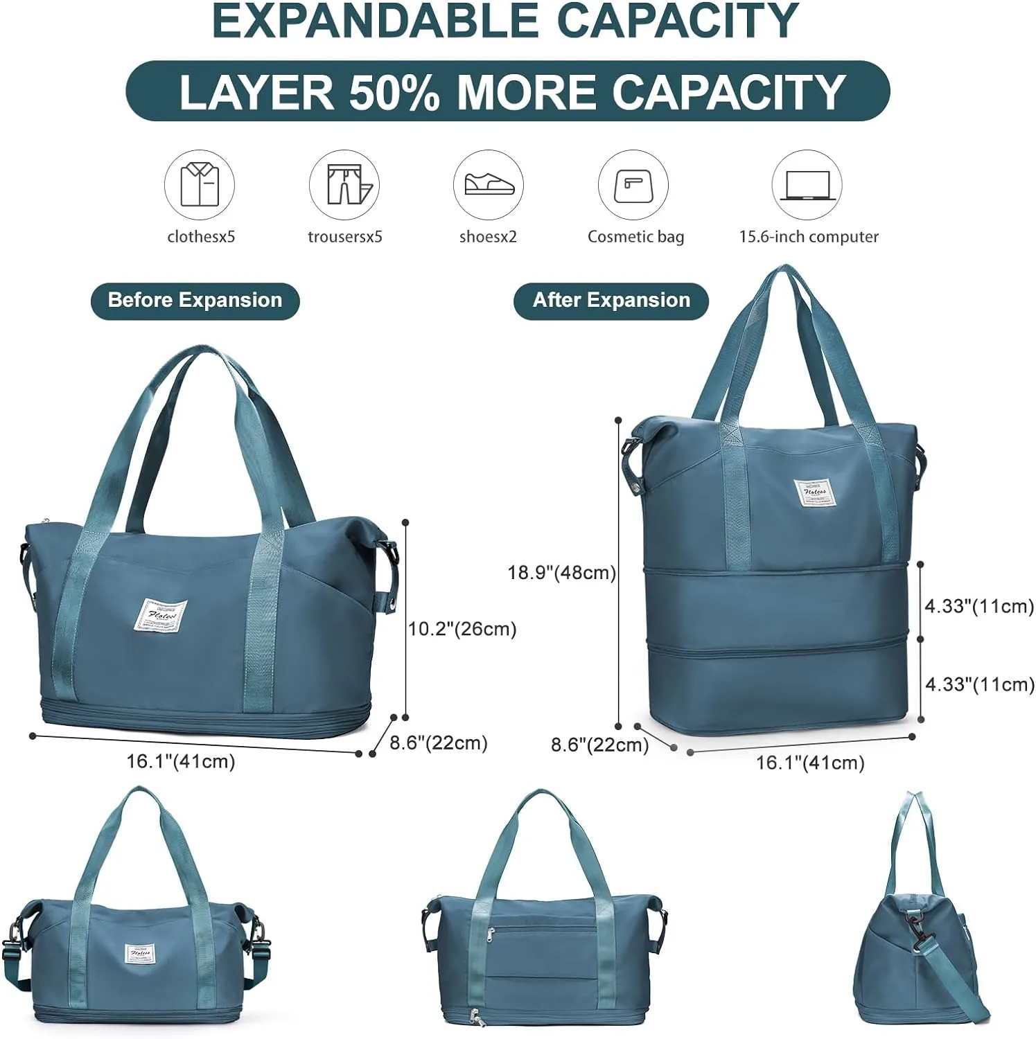 Expandable Travel Duffle Bag for Women Men, Large Gym Bag Travel Tote Bags, Waterproof Carry On Personal Item Bag Airline Approved, Overnight Workout Weekender Bag with Luggage Sleeve, Peacock Blue
