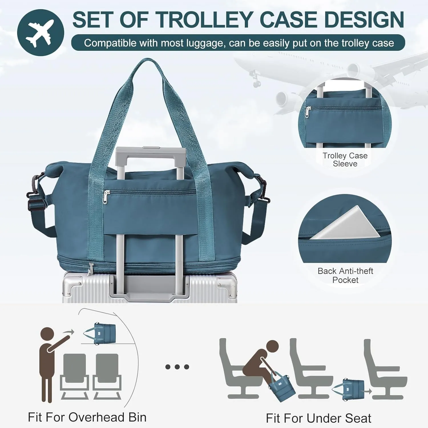 Expandable Travel Duffle Bag for Women Men, Large Gym Bag Travel Tote Bags, Waterproof Carry On Personal Item Bag Airline Approved, Overnight Workout Weekender Bag with Luggage Sleeve, Peacock Blue