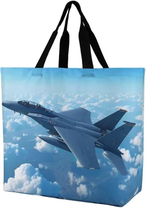 F-15 Eagle Jet Plane Reusable Shopping Bag with Shoulder Straps Portable Collapsible Grocery Tote Bags