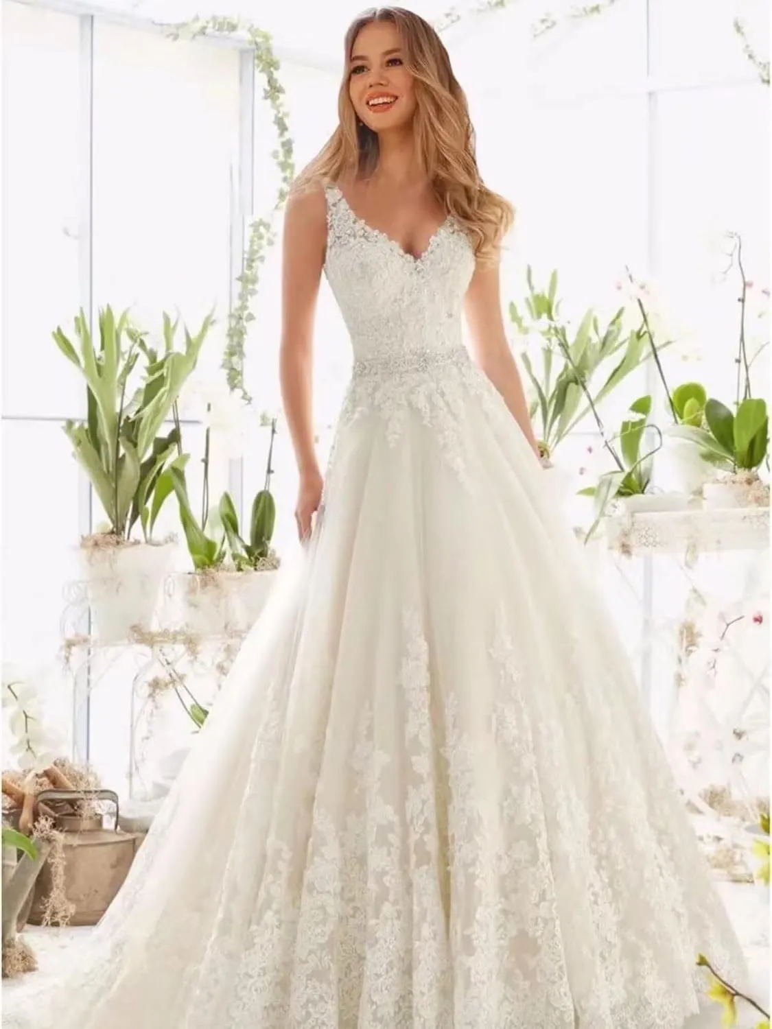 Fair Lady Wedding Dresses for Bride 2025 V Neck Beaded Straps Lace Appliques Bridal Gown for Women