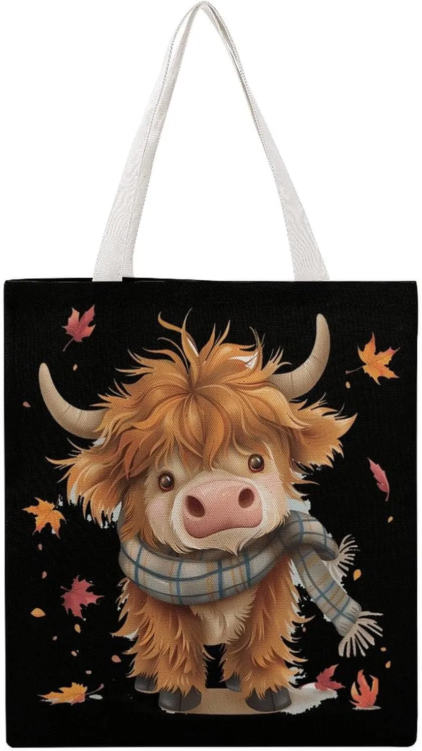 Fall Highland Cow Maple Leaves Canvas Tote Bags Portable Shopping Grocery Bag Shoulder Handbag with Handles