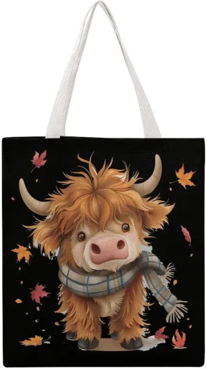 Fall Highland Cow Maple Leaves Canvas Tote Bags Portable Shopping Grocery Bag Shoulder Handbag with Handles