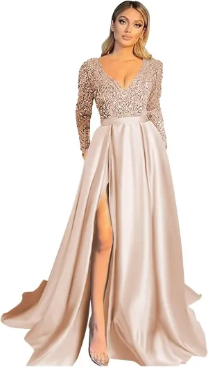 Fanciest V Neck Long Sleeve Prom Dresses with Slit Sequin Satin Formal Evening Gowns
