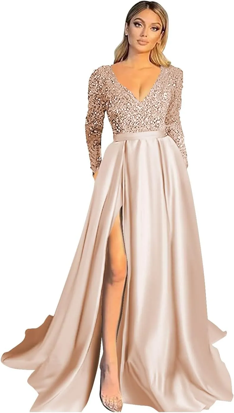 Fanciest V Neck Long Sleeve Prom Dresses with Slit Sequin Satin Formal Evening Gowns