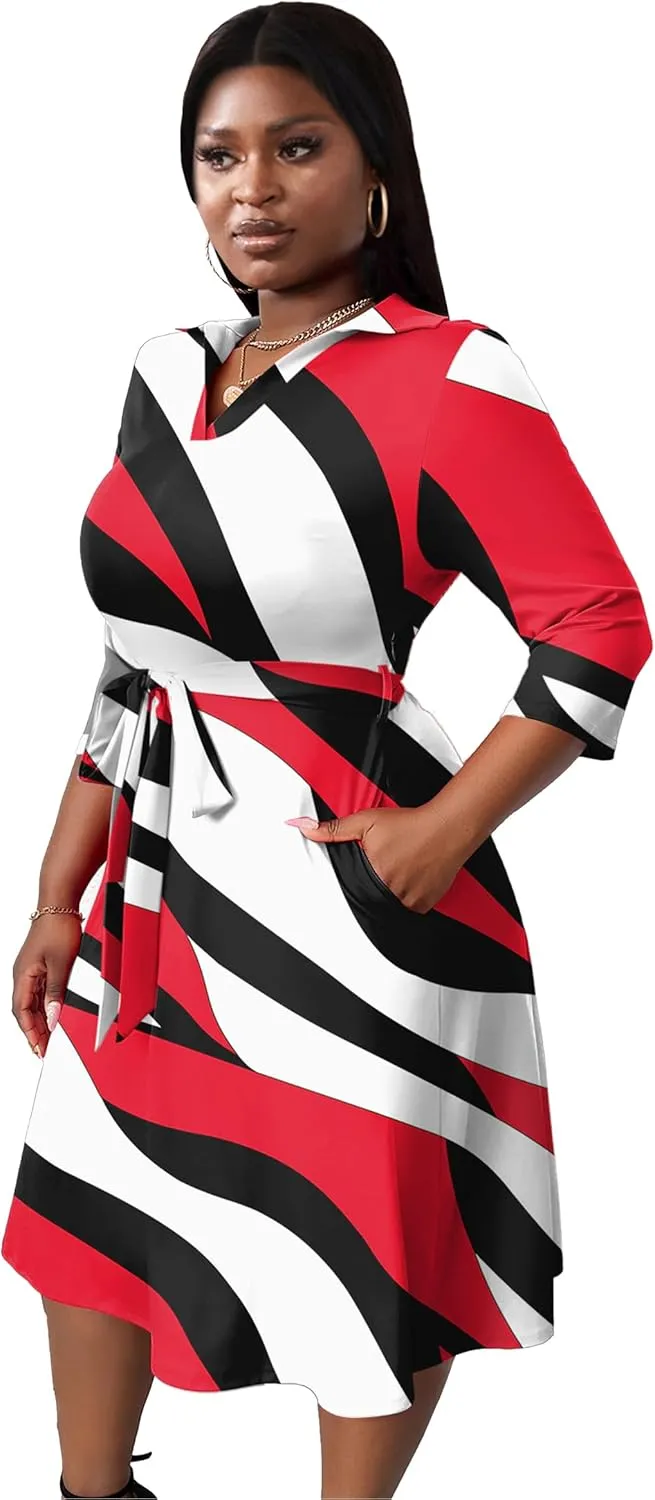 FANDEE Plus Size Midi Dress for Women - Printing Summer Dresses for Wedding Guest Cocktail Party 3/4 Sleeve V Neck（XL-5XL）