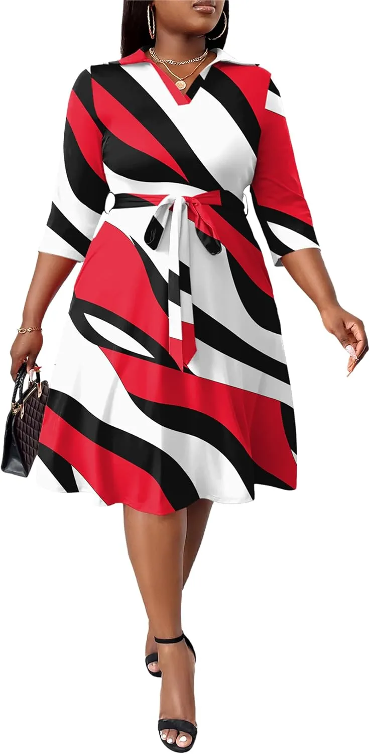 FANDEE Plus Size Midi Dress for Women - Printing Summer Dresses for Wedding Guest Cocktail Party 3/4 Sleeve V Neck（XL-5XL）
