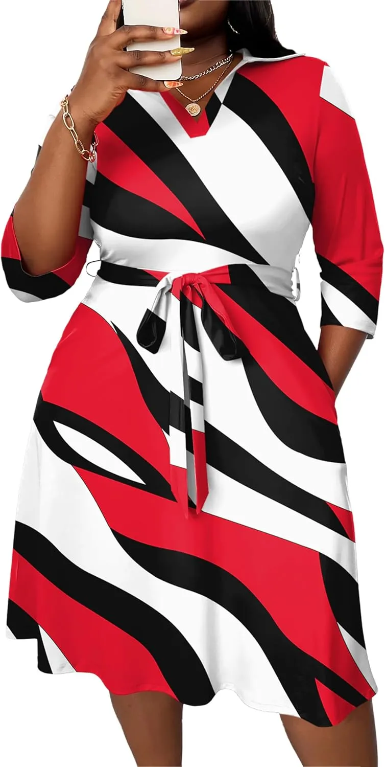 FANDEE Plus Size Midi Dress for Women - Printing Summer Dresses for Wedding Guest Cocktail Party 3/4 Sleeve V Neck（XL-5XL）
