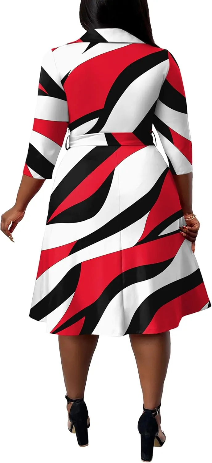FANDEE Plus Size Midi Dress for Women - Printing Summer Dresses for Wedding Guest Cocktail Party 3/4 Sleeve V Neck（XL-5XL）