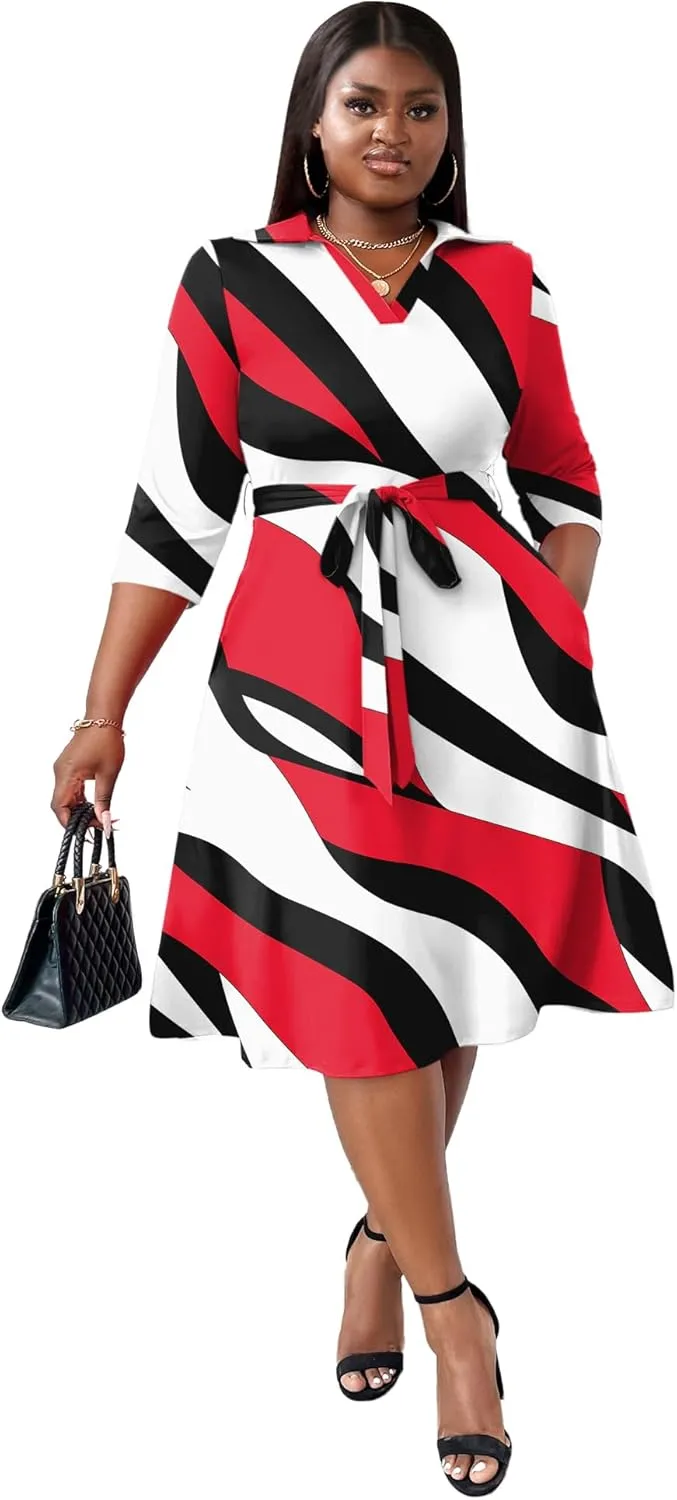 FANDEE Plus Size Midi Dress for Women - Printing Summer Dresses for Wedding Guest Cocktail Party 3/4 Sleeve V Neck（XL-5XL）