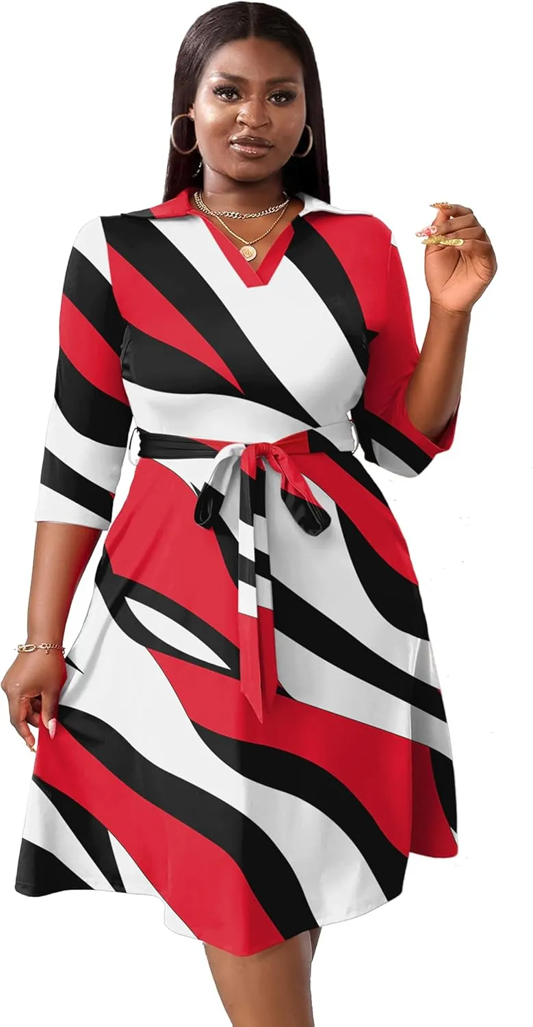 FANDEE Plus Size Midi Dress for Women - Printing Summer Dresses for Wedding Guest Cocktail Party 3/4 Sleeve V Neck（XL-5XL）
