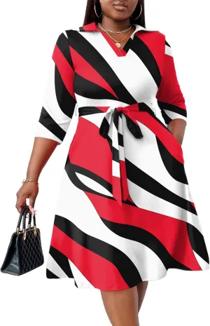 FANDEE Plus Size Midi Dress for Women - Printing Summer Dresses for Wedding Guest Cocktail Party 3/4 Sleeve V Neck（XL-5XL）