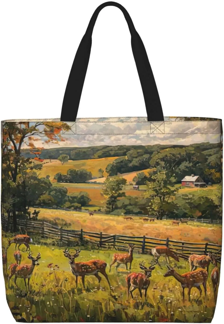 Farm with deer Print zipper shoulder bag for women.Beach,travel and daily use,lightweight,stylish