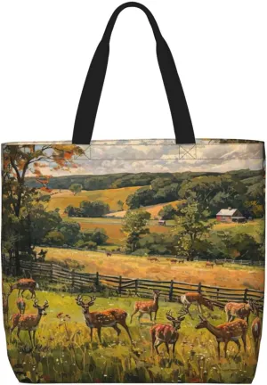Farm with deer Print zipper shoulder bag for women.Beach,travel and daily use,lightweight,stylish