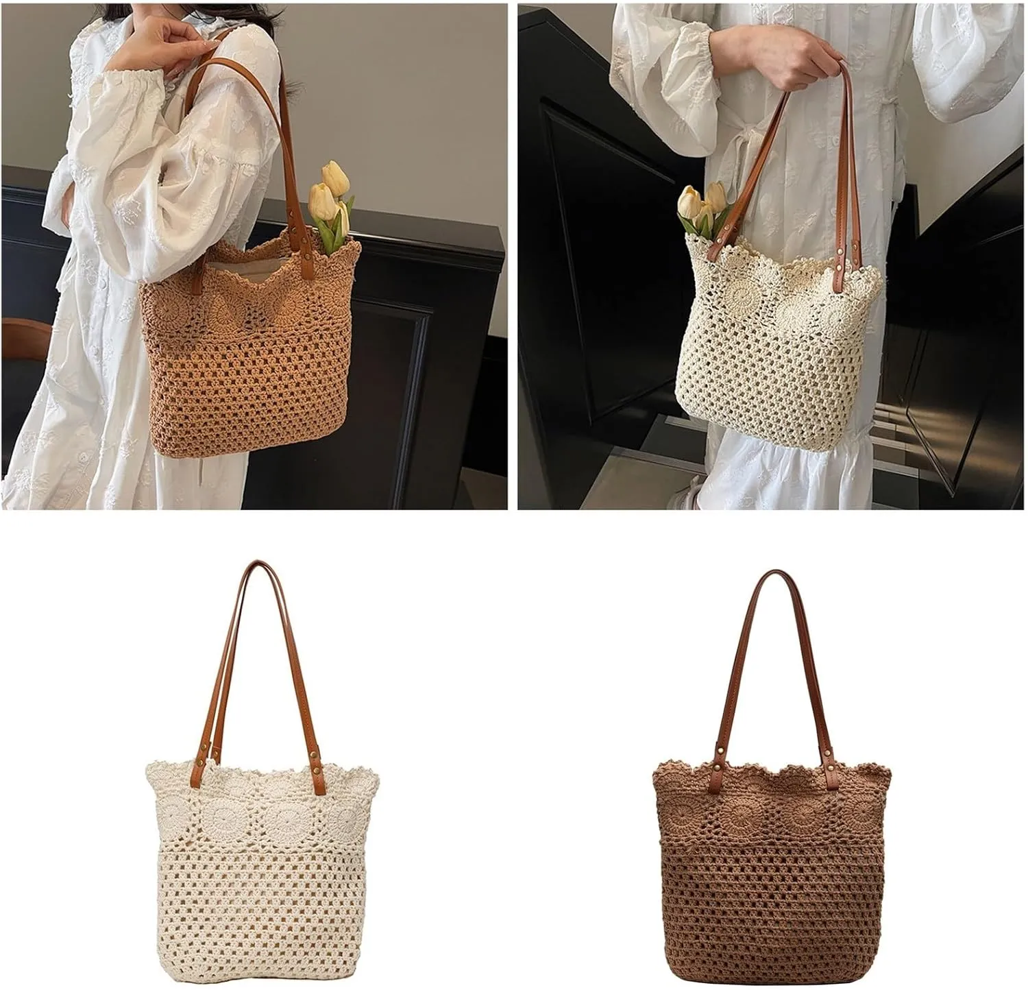Fashionable Large Capacity Crochet Beach Bag For Women Cotton Hollow Design Shoulder Bags Handbag For Vacation