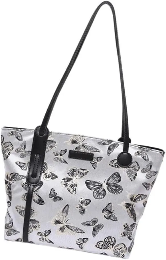 Fashionable Women's Canvas Shoulder Bag with Embroidered Butterfly Top Handle Bags Casual Handbag for Daily Use