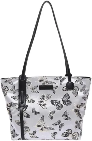 Fashionable Women's Canvas Shoulder Bag with Embroidered Butterfly Top Handle Bags Casual Handbag for Daily Use