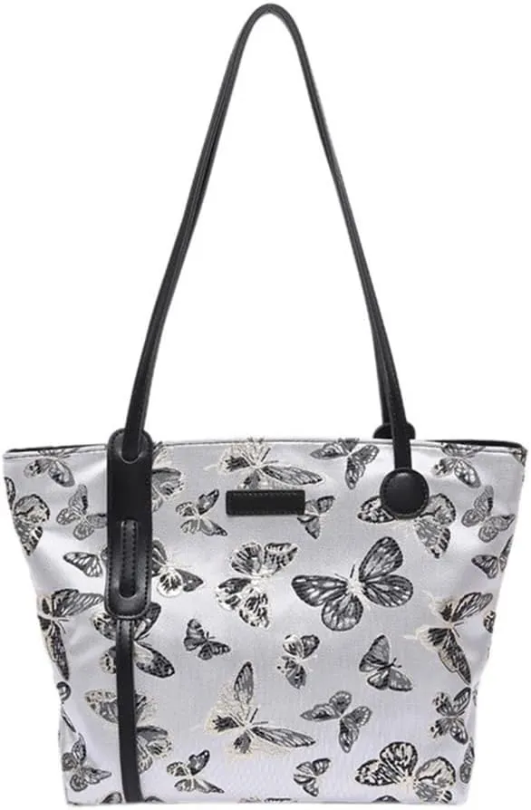 Fashionable Women's Canvas Shoulder Bag with Embroidered Butterfly Top Handle Bags Casual Handbag for Daily Use